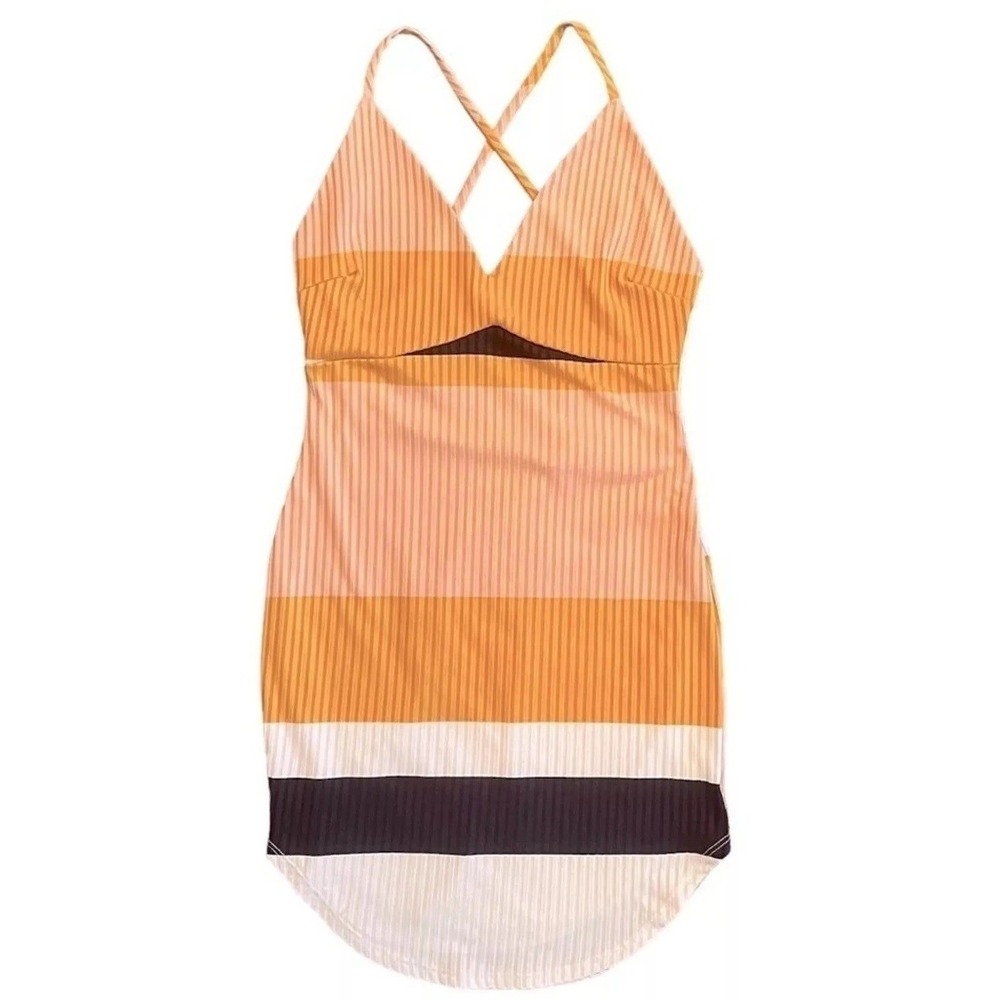 Privy Striped Bodycon Mini Dress Orange Peach Cutout V-Neck‎ Ribbed Size M